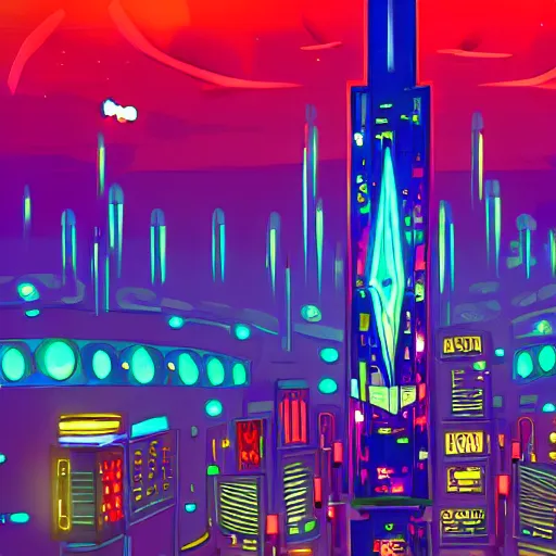 Prompt: fan art style, a high tower with neons in a galactic city in night, with ships flying around