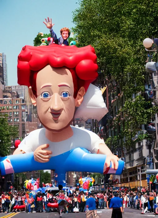 Prompt: inflatable parade float of mark zuckerberg, macy ’ s parade, canon 5 d, 5 0 mm lens, fuji 8 0 0 film