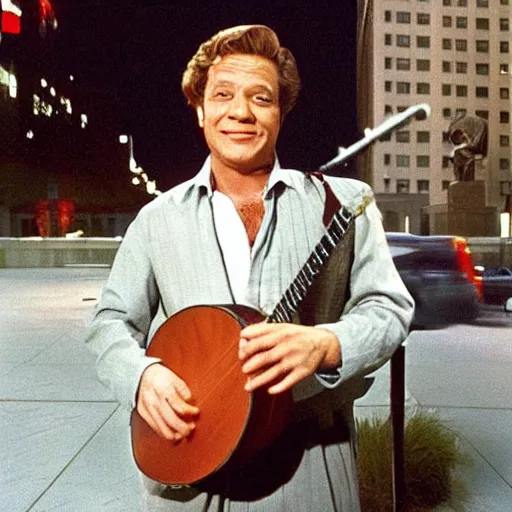 Image similar to George Segal as Jack Gallo from the NBC sitcom just shoot me 1997 is standing outside 30 Rockefeller Plaza holding a Banjo.