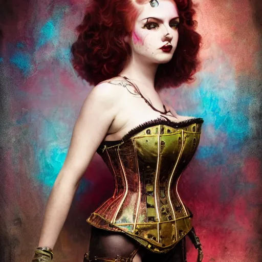 Prompt: photorealistic render of a curiosities carnival, single young beautiful dollpunk posing in a full steampunk corset, cyberpunk dyed haircut, looking at camera, symmetry accurate features, focus, rainbow lighting, very intricate details, award winning masterpiece, by tom bagshaw