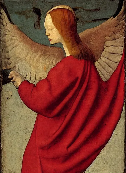 Image similar to Flying Fallen Angel with wings dressed in red, Medieval painting by Jan van Eyck, Johannes Vermeer, Florence