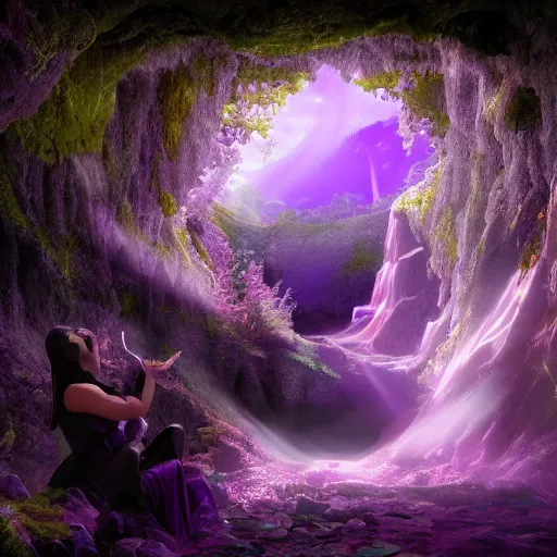 Prompt: a cinematic render of a silhouette of a purple styled fairy surrounded by amethysts, sitting in a mystical waterfall cave, lilac sunrays, matte painting, highly detailed, 8 k