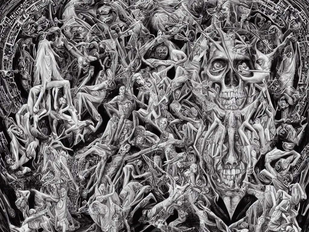 Image similar to meditation on death by Alex Grey and M. C. Escher collaboration