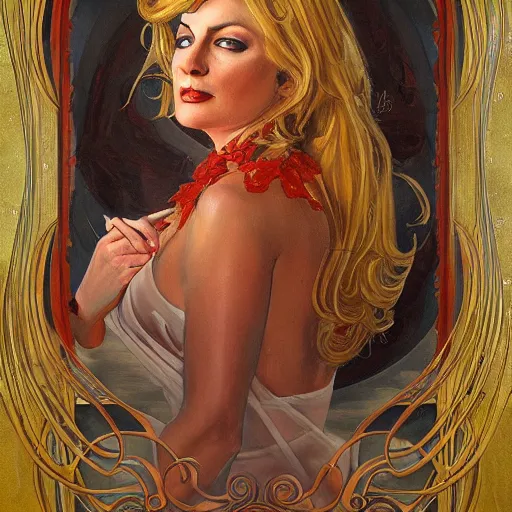 Image similar to an art nouveau painting of donald trump in the style of donato giancola, and in the style of charlie bowater, and in the style of claudio errico. symmetry, smooth, sharp focus, semi - realism, intricate detail.