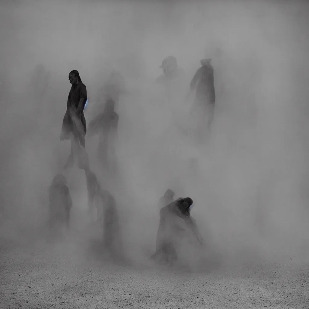 Prompt: color photography, portrait of indigenous spiritual healer shaman in underworld, spirits shadows ritual, biotecture sandstorm dust mountain temple, oasis, dimitris papaioannou choreography