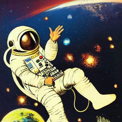 Image similar to astronaut playing keyboard by frank frazetta