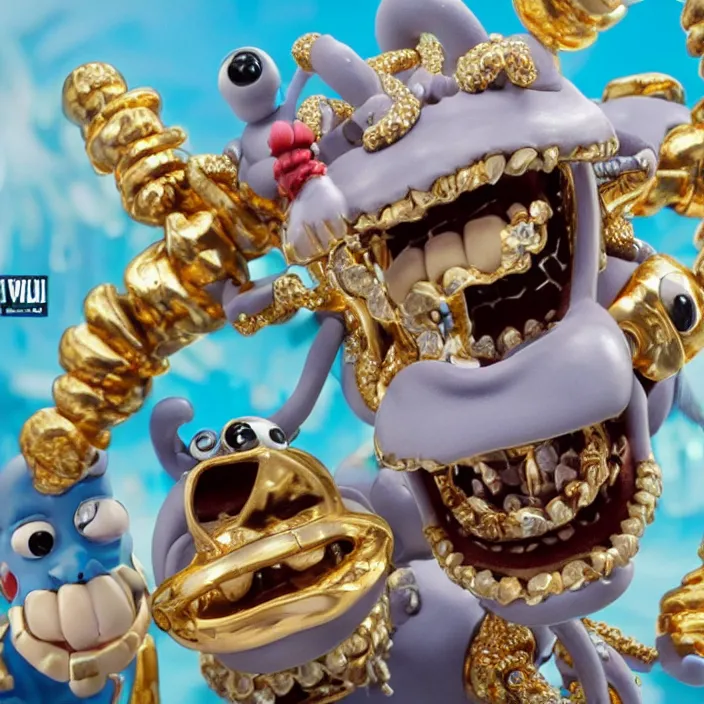 Image similar to jeff koons hip hop style street sharks wearing grillz and a ton of bussdown iced gold bling in wallace & gromit claymation, ultra realistic, concept art, intricate details, serious, highly detailed, photorealistic, octane render, 8 k, unreal engine, art by todd mcfarlane and artgerm and greg rutkowski and alphonse mucha