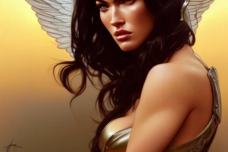 Image similar to portrait of megan fox as an angel, wings, intricate, headshot, highly detailed, digital painting, artstation, concept art, sharp focus, cinematic lighting, illustration, art by artgerm and greg rutkowski, alphonse mucha, cgsociety