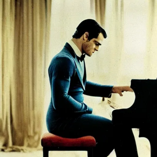 Prompt: henry cavill playing piano, autochrome