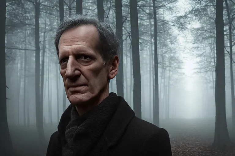 Prompt: a photorealistic cinematic headshot portrait of a skinny evil male scientist, stood in a spooky forest, fog, shrubbery, 8 k, detailed, backlight, deep focus, movie still, moody lighting, by werner herzog