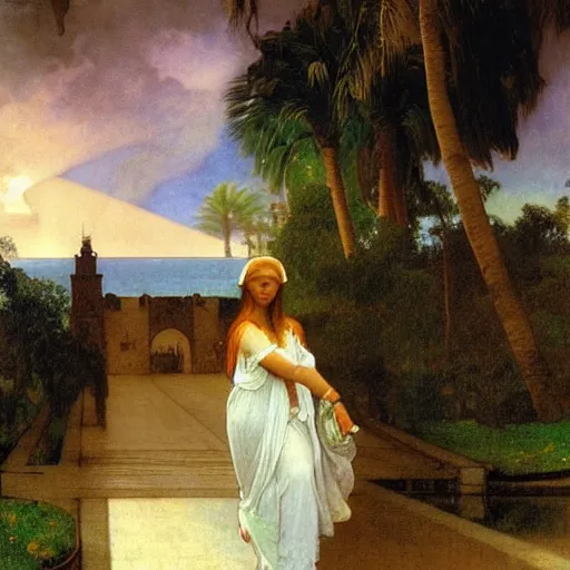 Image similar to Girl riding a horse leaving the castle through the bridge, thunderstorm, beach and palm trees on the background major arcana sky, by paul delaroche, alphonse mucha and arnold böcklin arnold böcklin hyperrealistic 8k, very detailed