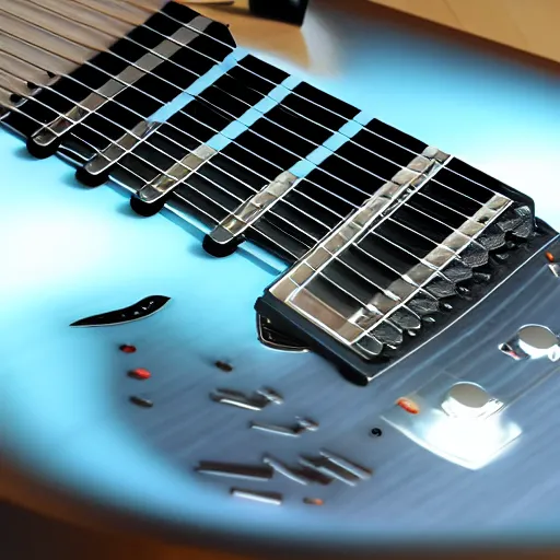 Prompt: beautiful futuristic electronic guitar high end concept, touch screen fretboard with animation, product design, dynamic lighting, high resolution, good focus