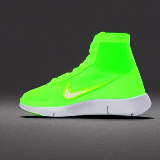 Image similar to a neon green nike shoe, back view, official product photo