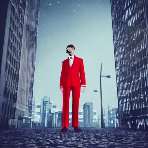 Prompt: a man with an elegant red suit, photography, 3 d render, at night, buildings