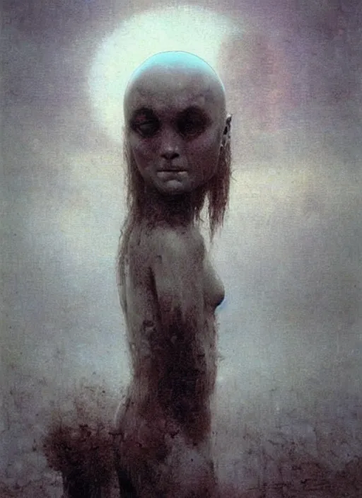 Prompt: cute bald barbarian girl by Beksinski