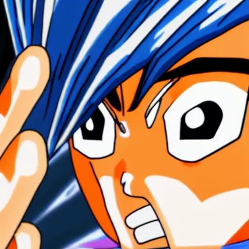 Prompt: fish eye lens close up photograph of a goku eyeing the camera with a sympathetic look