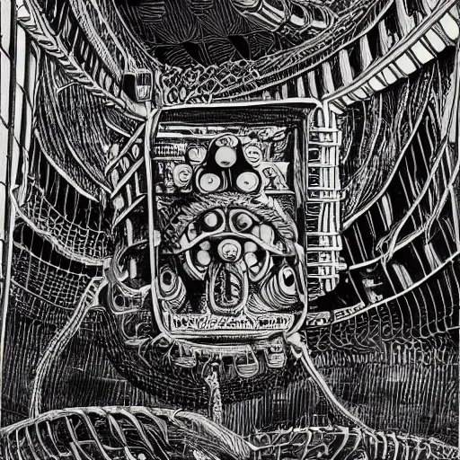 Image similar to quetzalcoatl locked in a cage in a warehouse, 1 9 8 0's scifi, 8 k, highly ornate intricate details, extreme detail, punk xerox, cut out collage, lofi