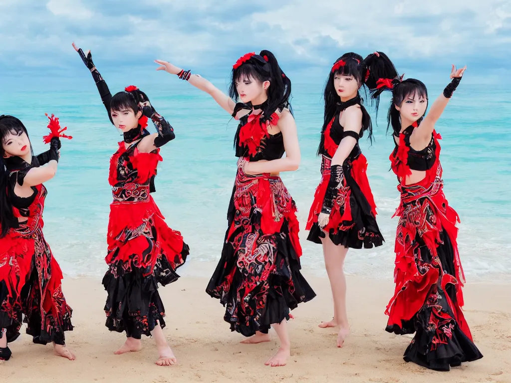 Image similar to babymetal 3 beautiful members performing on a tropical beach beautiful scenery, highly detail face, dynamic pose, High Definition detail, 8K, photography