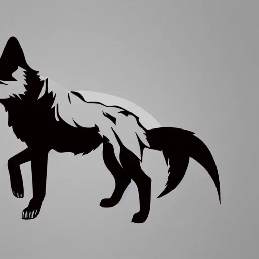 Prompt: silhouette of a wolf, forest background, minimalist, vectorial art, gradient black to violet, trending on artstation