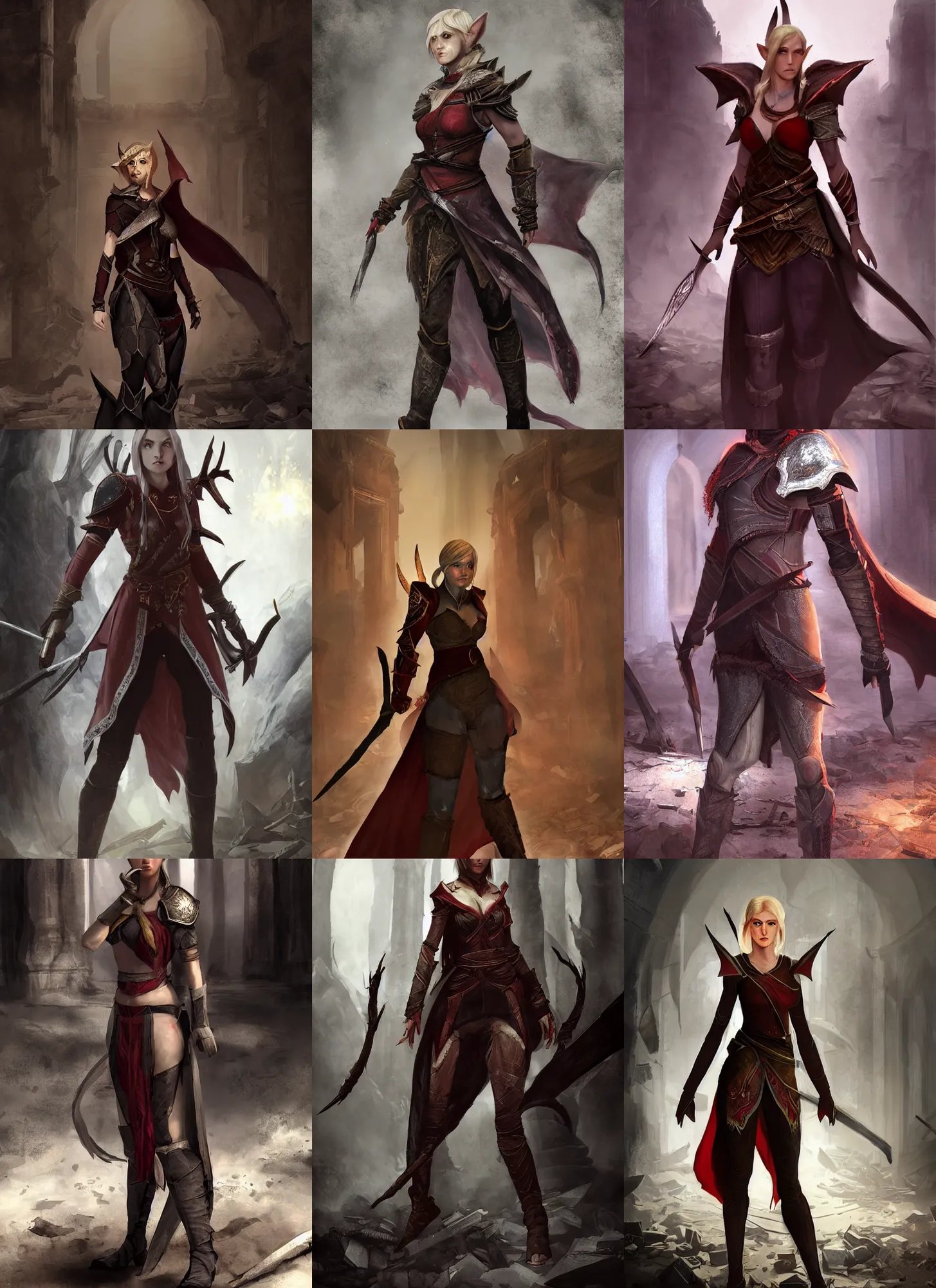 Prompt: full body character portrait of a female elf with a realistically proportioned face from dragon age walking through a destroyed temple wearing assassins clothes, dragon age concept art, dragon age, illustration, digital painting, realistic lighting, photorealistic eyes, good value control, realistic shading, john singer sargent, in the style of dragon age