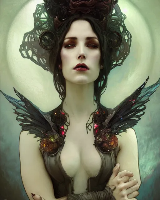 Image similar to wlop, bastien lecouffe deharme, alfons mucha, detailed portrait digital painting of a beautiful serious villainess wearing fantasy clothing like liliana vess, villainess has black angel wings, evil mood, hellish battlefield in the background, embers flying, unreal engine, hyper realism, realistic shading, cinematic composition, blender render, ultrawide shot