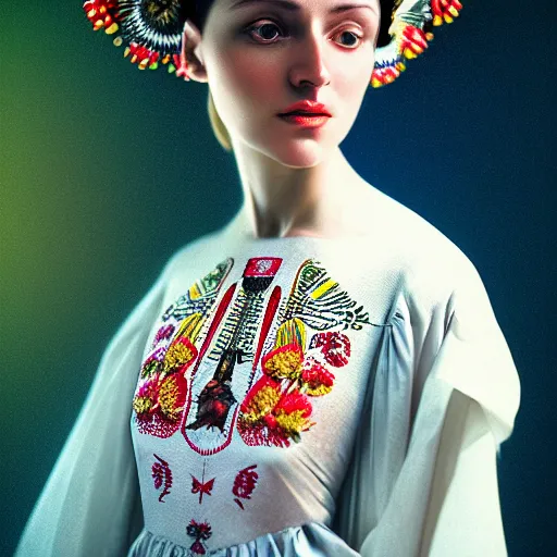 Prompt: hyperrealism photography in caravaggio style computer simulation visualisation of parallel universe sit - com scene with beautiful highly detailed ukrainian woman wearing ukrainian traditional shirt designed by taras shevchenko and wearing neofuturistic neural interface by josan gonzalez. hyperrealism photo on pentax 6 7, kodak portra 4 0 0 volumetric natural light - s 1 5 0