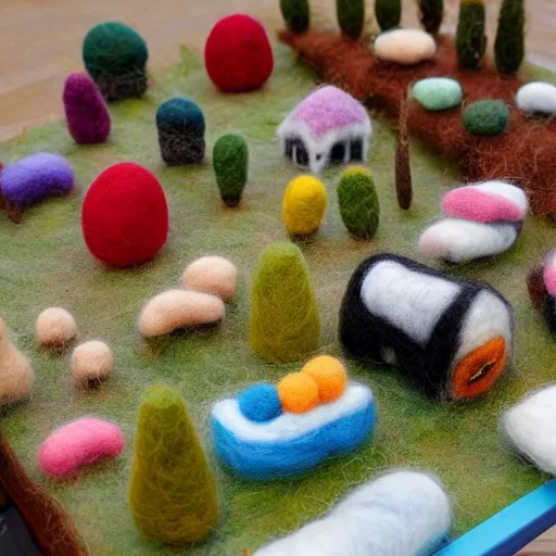 Image similar to a needle felted city, needle felting art.