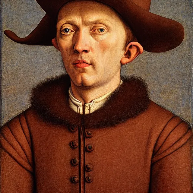 Prompt: 3/4 bust portrait of a shifty high fantasy elf sheriff with pointy ears wearing a cowboy hat by Jan van Eyck, 8k scan