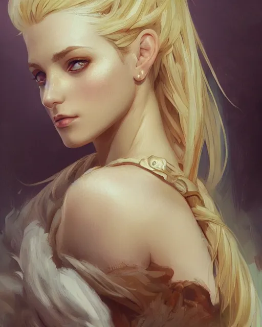 Image similar to '' Portrait of Beautiful blonde Slavic woman in her early 30’s, league of legends, LOL, fantasy, d&d, digital painting, artstation, concept art, sharp focus, illustration, art by greg rutkowski and alphonse mucha ''