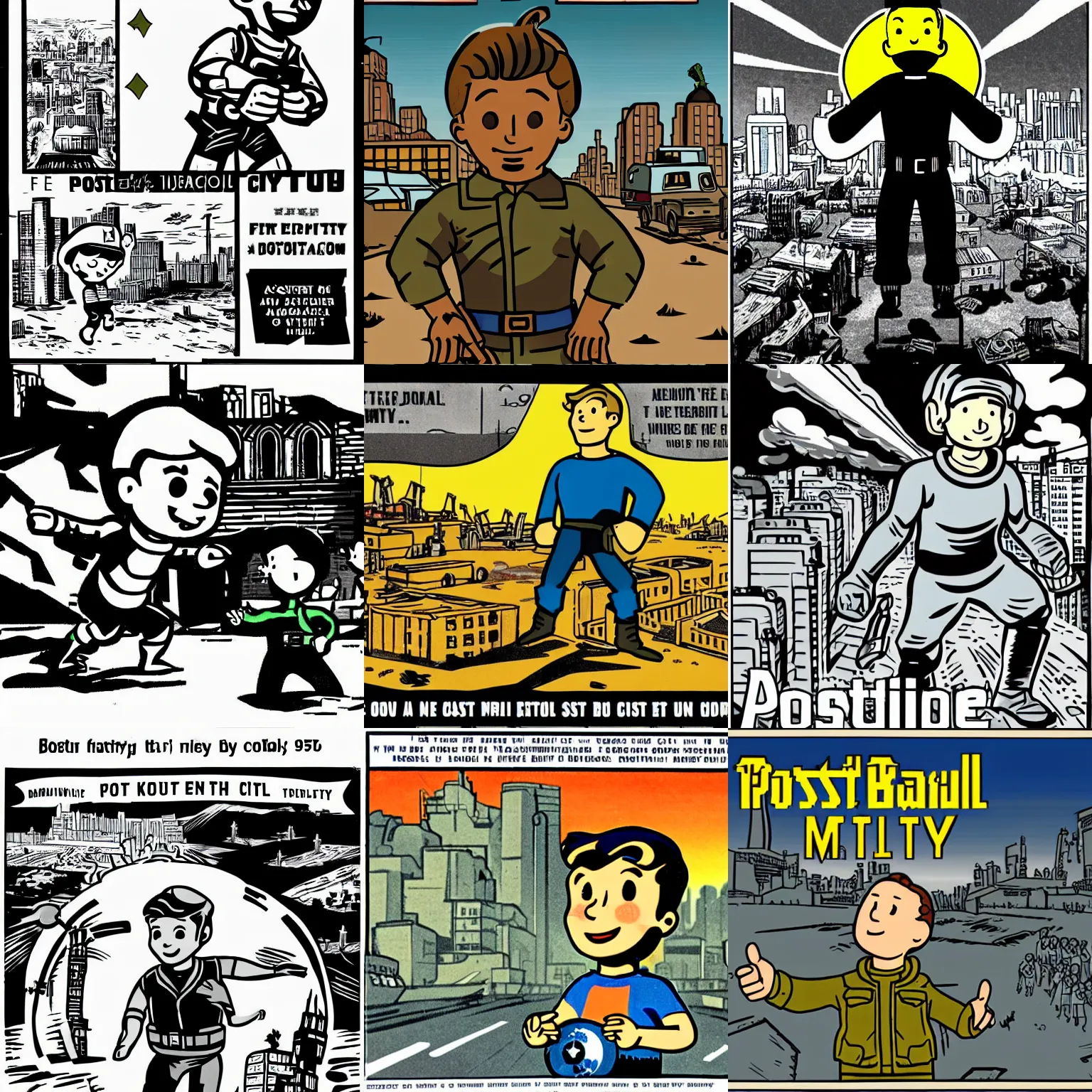 Prompt: a vault boy in postapocalypse city, 1 9 5 0 propaganda style