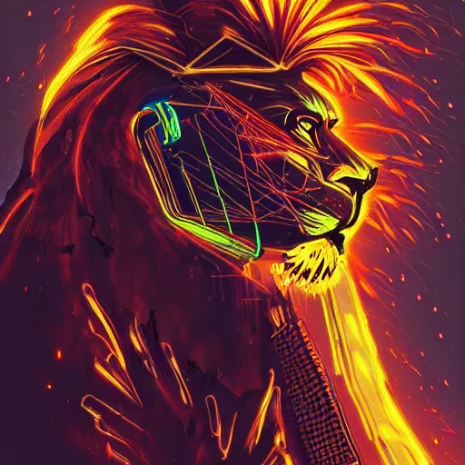 Image similar to fire lion, art, cyberpunk