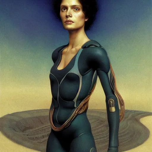 Image similar to masterpiece full body portrait of Ripley with a perfect body on Dune, by Edgar Maxence and Ross Tran and Michael Whelan and Gustav Klimpt