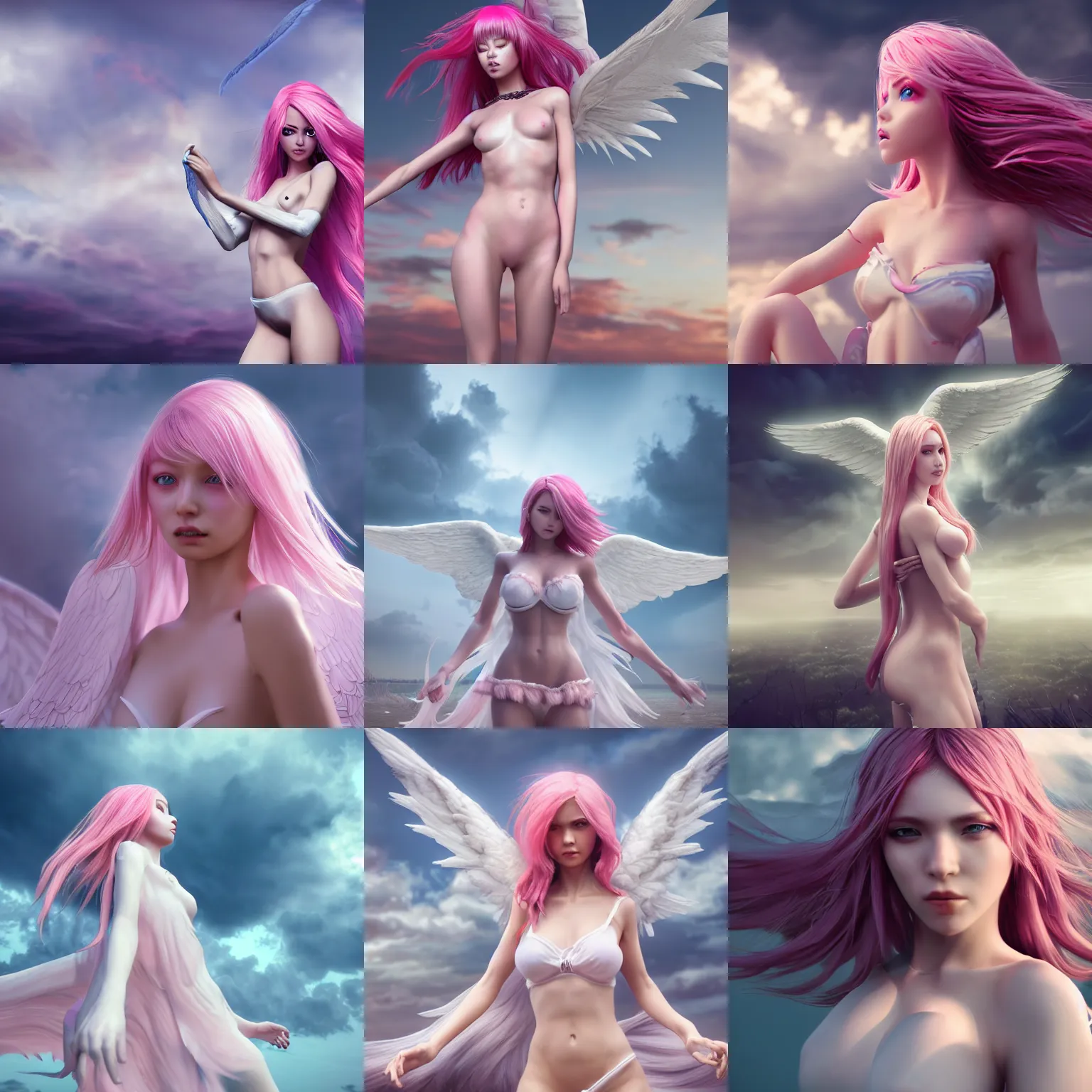 Prompt: beautiful female angel in stormy sky, pink hair, white wings, white sarong, white eyes, detailed anatomy, by wlop, cg society contest winner, cinematic paint, unreal engine