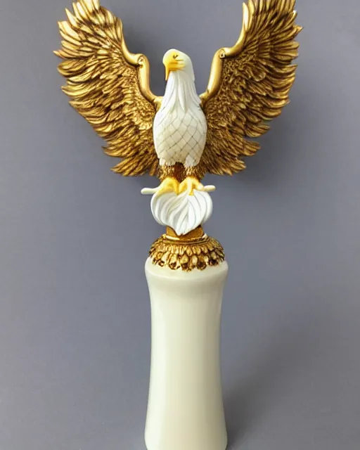 Image similar to gorgeous ornated snow white porcelain realistic detailed sacred bald eagle statue with golden filigree carved out of ivory, high resolution photo, crisp