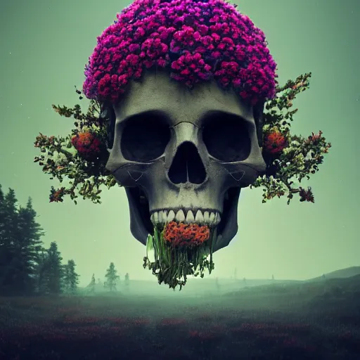 Prompt: beautiful dark landscape, giant skull with beautiful flowers growing in the style of beeple and Mike Winkelmann, intricate, epic lighting, cinimatic composition, hyperrealistic, 8k resolution,