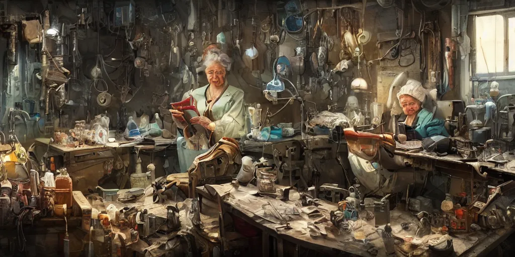 Image similar to an environmental concept art of an elderly russian woman cyberneticist in a cluttered workshop, surgical implements, surgery table, highly detailed, cinematic, dramatic, cyberpunk, dieselpunk, scifi space station, horror