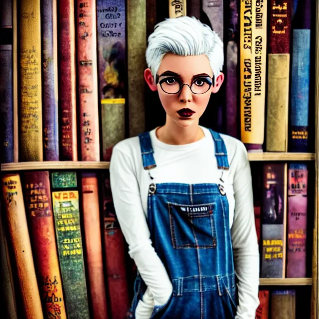 Image similar to full body pose, beautiful adult book fairy, pixar, short white hair shaved sides, dirty, grungy, grunge, long sleeve, painted overalls, stacks of giant books, highly detailed, 4 k, hdr, smooth, sharp focus, high resolution, award - winning photo, artgerm, photorealistic