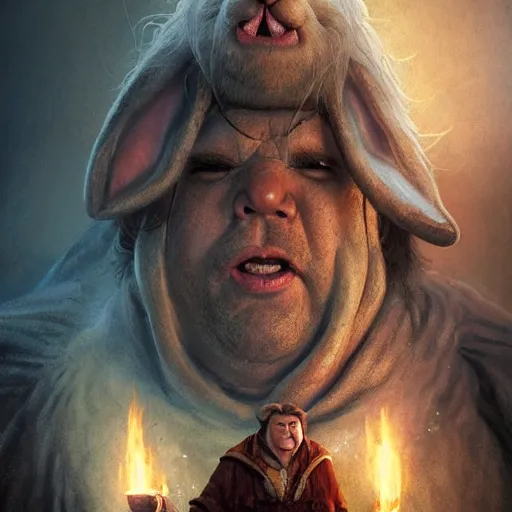 Prompt: hyper realistic, lord of the rings, portrait of a mega derpy john candy, big chungus, with bunny ears, stoned, by greg rutkowski, scott m fischer, artgerm, loish, slight glow, atmospheric, anne stokes, alexandros pyromallis