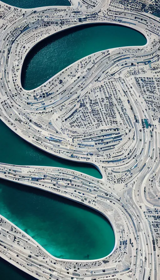 Prompt: hasselblad photograph of zaha hadid designed sea walls. dappled lighting, very epic and beautiful!! aerial shot