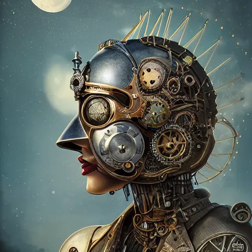 Prompt: dan mumford tom bagshaw, dream world curiosities carnival flying, photorealistic octane render of a single very beautiful helmet full long steampunk metallic armored ornate female, partial symmetry accurate features, focus, very intricate ultrafine details, award winning masterpiece, steampunk world