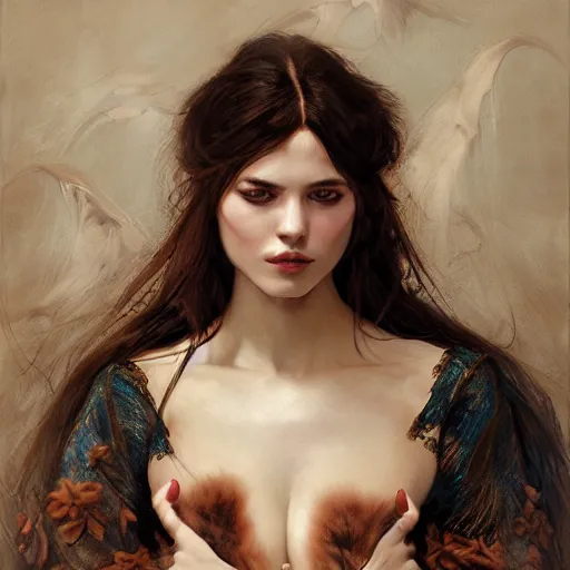 Image similar to of a beautiful brunette women intricate skin, fur, silicone cover, elegant, peaceful, full body, hyper realistic, extremely detailed, dnd character art portrait, fantasy art, intricate fantasy painting, dramatic lighting, vivid colors, deviant art, artstation, by edgar maxence and caravaggio and michael whelan and delacroix