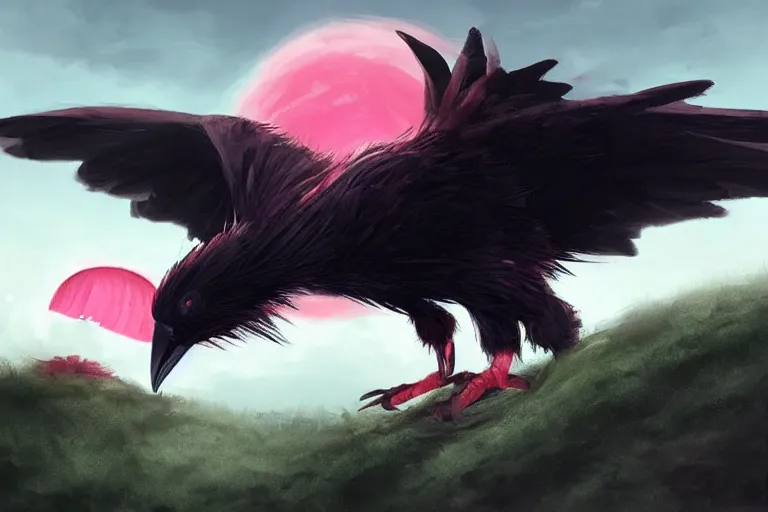 Prompt: red - eyed scary gigantic crow standing on top of a hill, looking down, holding a pink little worm in its beak, cloudy sky in the background, digital painting, epic, pokemon style, earth type pokemon, smooth, trending on artstation, professional painting, full body composition, long shot, made by greg rutkowski