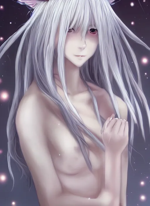 Image similar to thin young anime girl with silver hair, pale and wan!, wearing robes, anime manga goddess, flowing hair, pale skin, young cute face, covered!!, clothed!, 4 k resolution, aesthetic!,