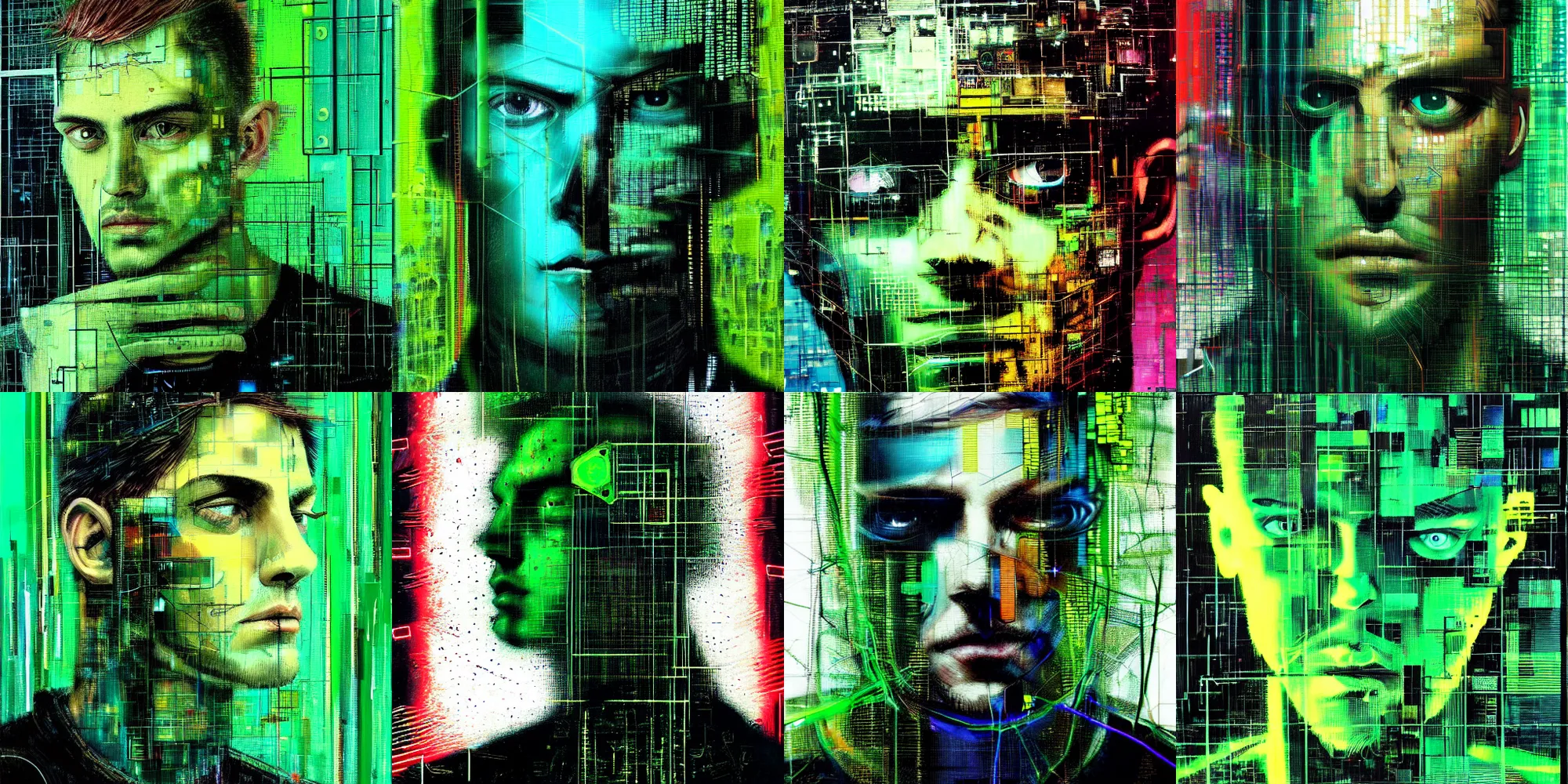 Prompt: hyperrealistic portrait of a cyberpunk man, young, confident, immersed within a network, by Guy Denning, Johannes Itten, Derek Gores, Russ Mills, glitch art, hyper focus, fine detail, polished, complex, hacking effects, holographic, digital tech effects, color blocking!, green, realistic, acrylic on canvas, concept art, abstract!, 8k, concept art, octane, cgsociety, trending on artstation