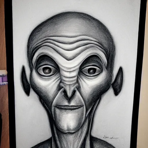 Prompt: pencil art of a grey alien, studio portrait