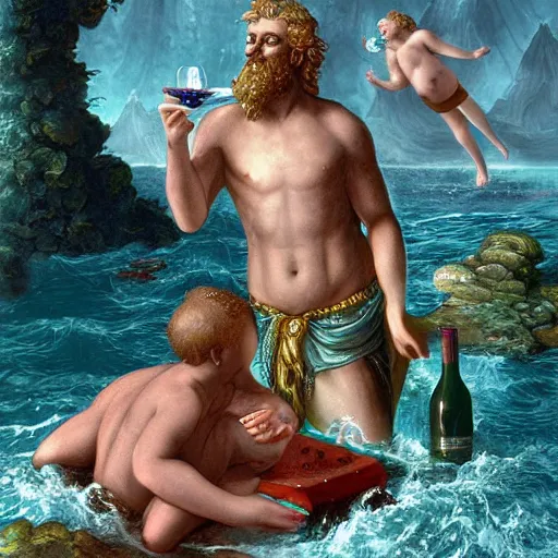 Image similar to poseidon drinking wine with the nymphs, digital art, detailed, ancient greek mythology