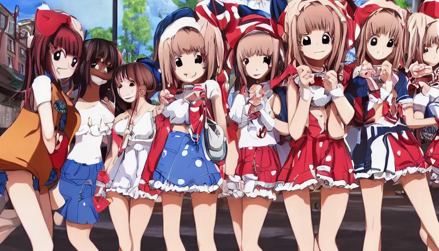 Image similar to waldo hiding amongst a group of cute anime girls in short miniskirts, lightly dressed, ultra detailed digital art, hyper real, detailed, closeup shot, ultra detailed