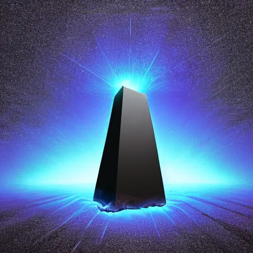 Prompt: floating shiny black monolith, floating in a blue particles void, 4k detailed