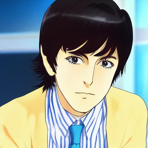 Image similar to anime illustration of young Paul McCartney from the Beatles, wearing a blue check shirt, long sideburns, ufotable