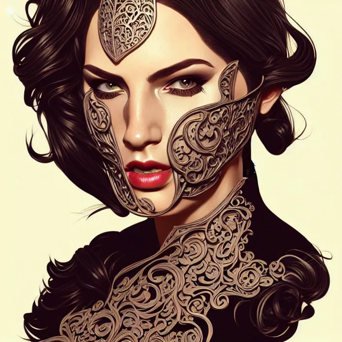 Image similar to woman in leather face portrait illustration, vector art style, medium shot, intricate, elegant, highly detailed, digital art, ffffound, art by jc leyendecker and sachin teng